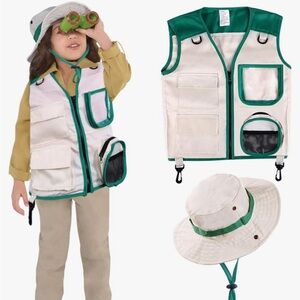 Brand new! Kids Green/Khaki Safari Costume/Park Ranger Cargo Vest &Hat One Size